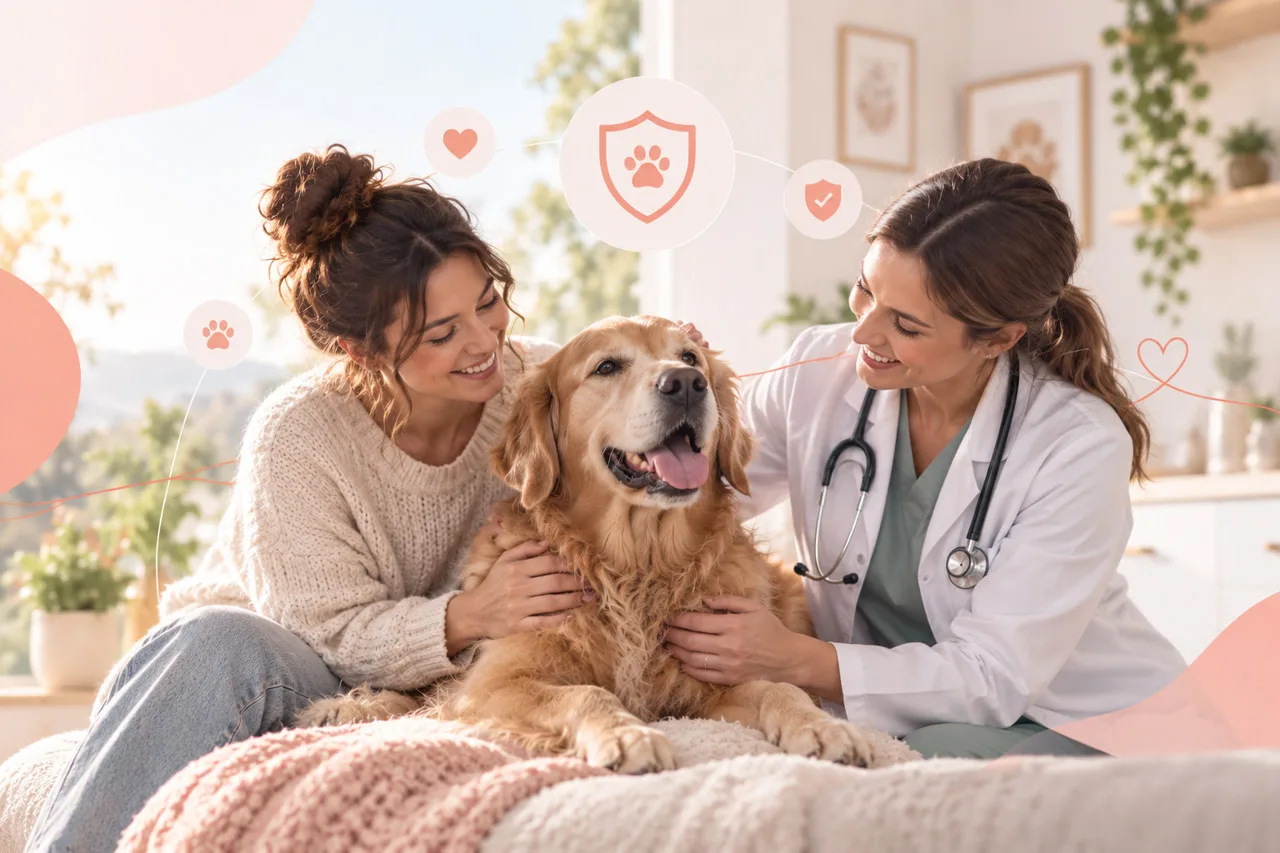 Owner and veterinarian sitting beside a golden-colored dog