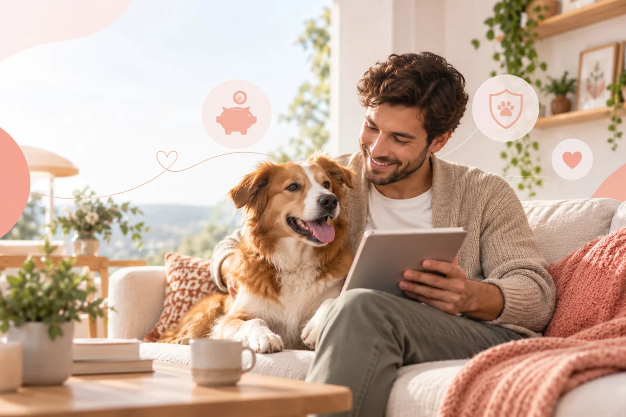 Owner reading a tablet beside a golden-colored dog